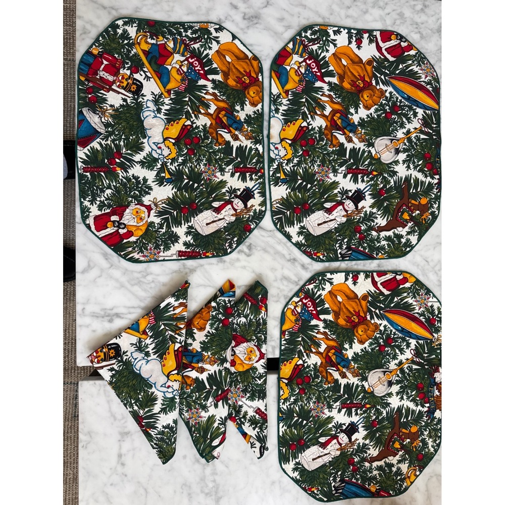 Vintage Christmas Table Linens Set 3 Placemats 3 Napkins Santa Snowman Green